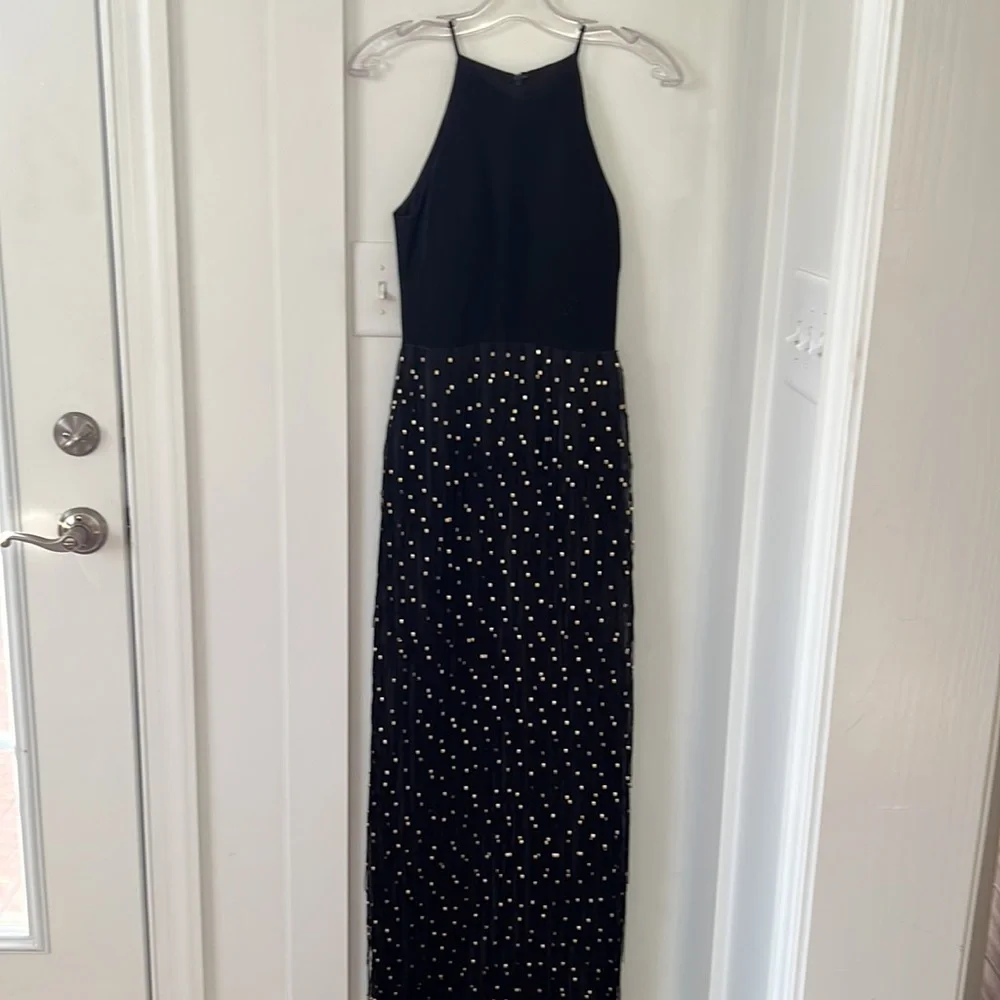 Badgley Mischka Sleeveless Beaded Fringe Column Gown Black/Gold Size 0 - Picture 6 of 11